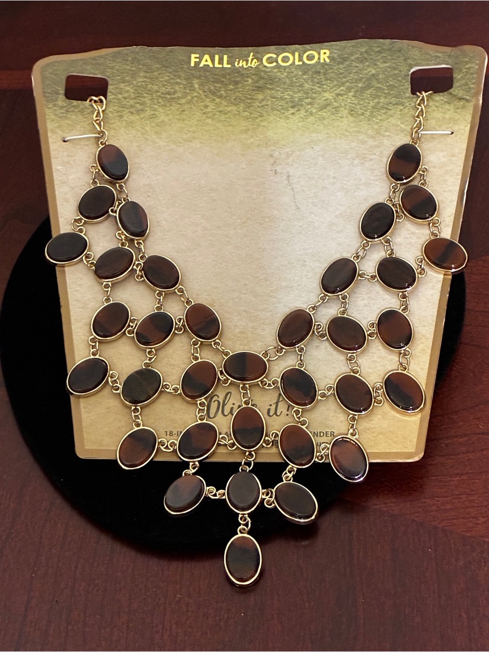 Gold-Tone Brown Oval Statement Necklace by Fall Into Color